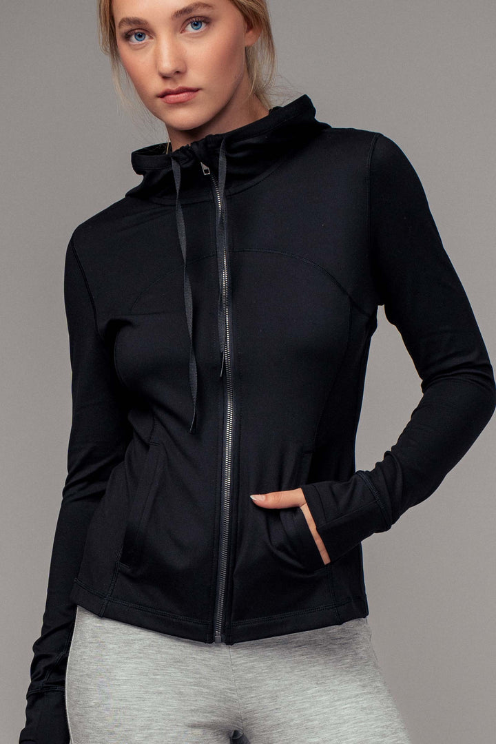 r seam detail fitted zip up thumhole hoodie - black (additional view)