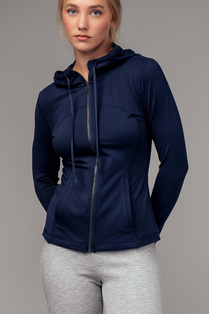 r seam detail fitted zip up thumhole hoodie - eclipse