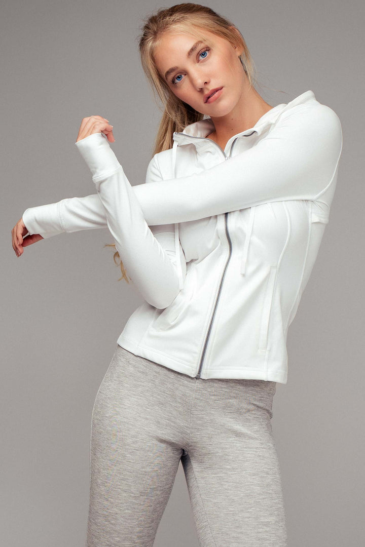 r seam detail fitted zip up thumhole hoodie - white (additional view)