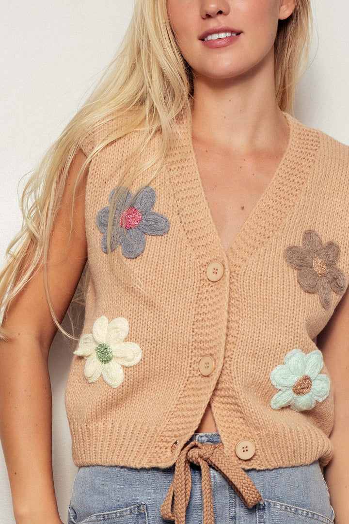 F Boho Knit Vest With Floral Applique And Tie Front, additional view