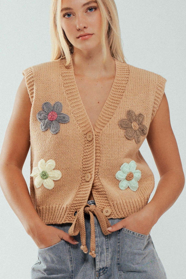F Boho Knit Vest With Floral Applique And Tie Front, additional view