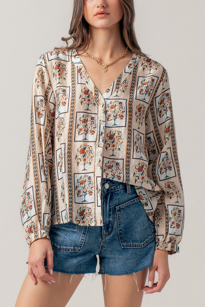 floral frame print blouse - taupe multi