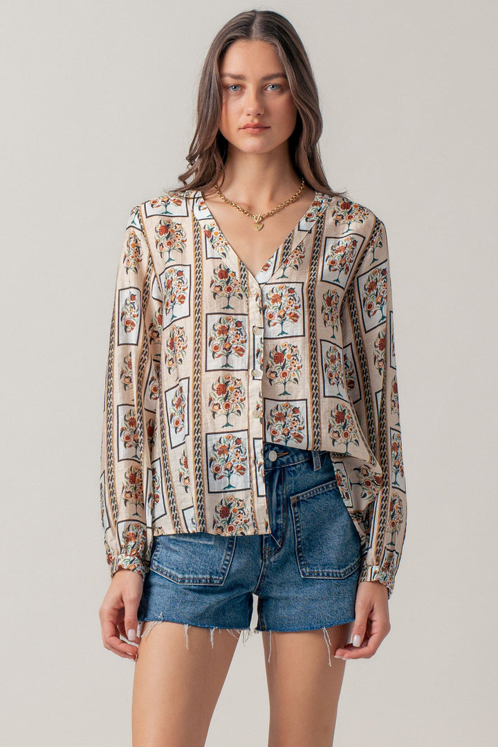 floral frame print blouse - taupe multi (additional view)