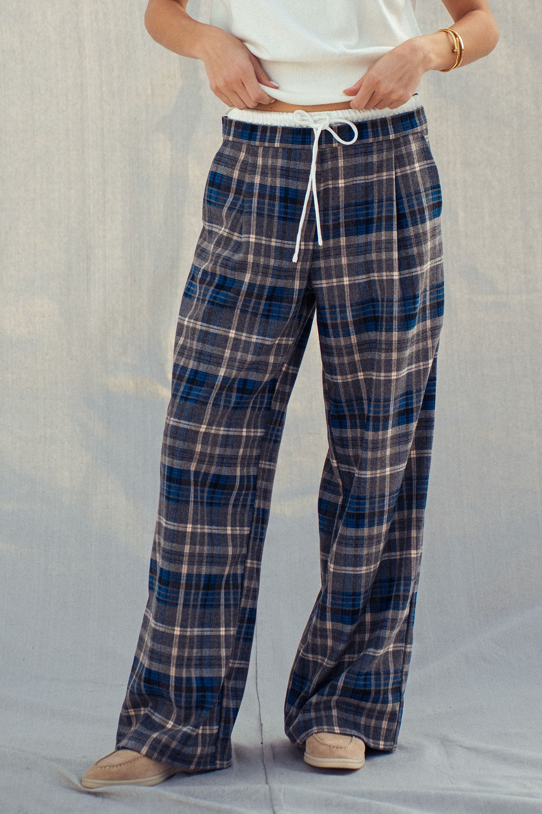 plaid wide leg drawstring pants - navy grey