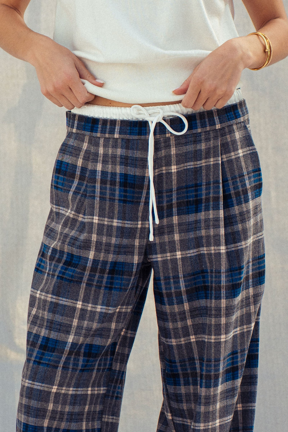 plaid wide leg drawstring pants - navy grey (additional view)