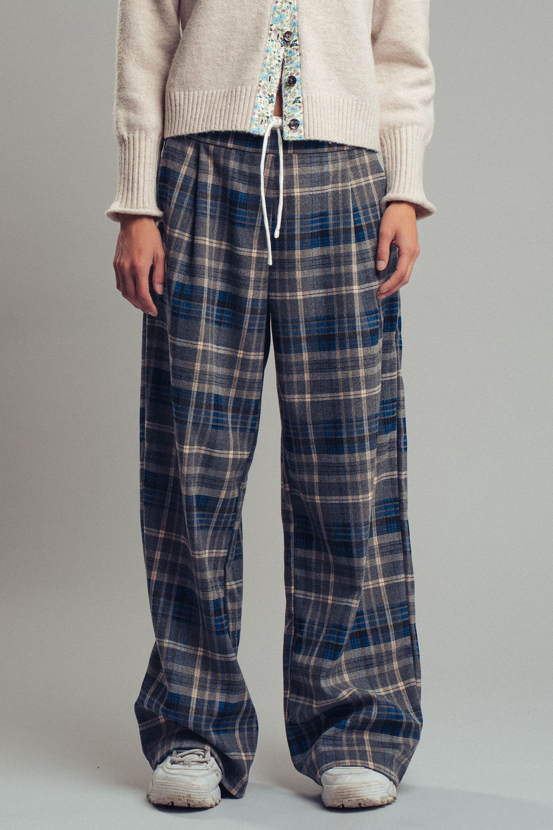 plaid wide leg drawstring pants - navy grey