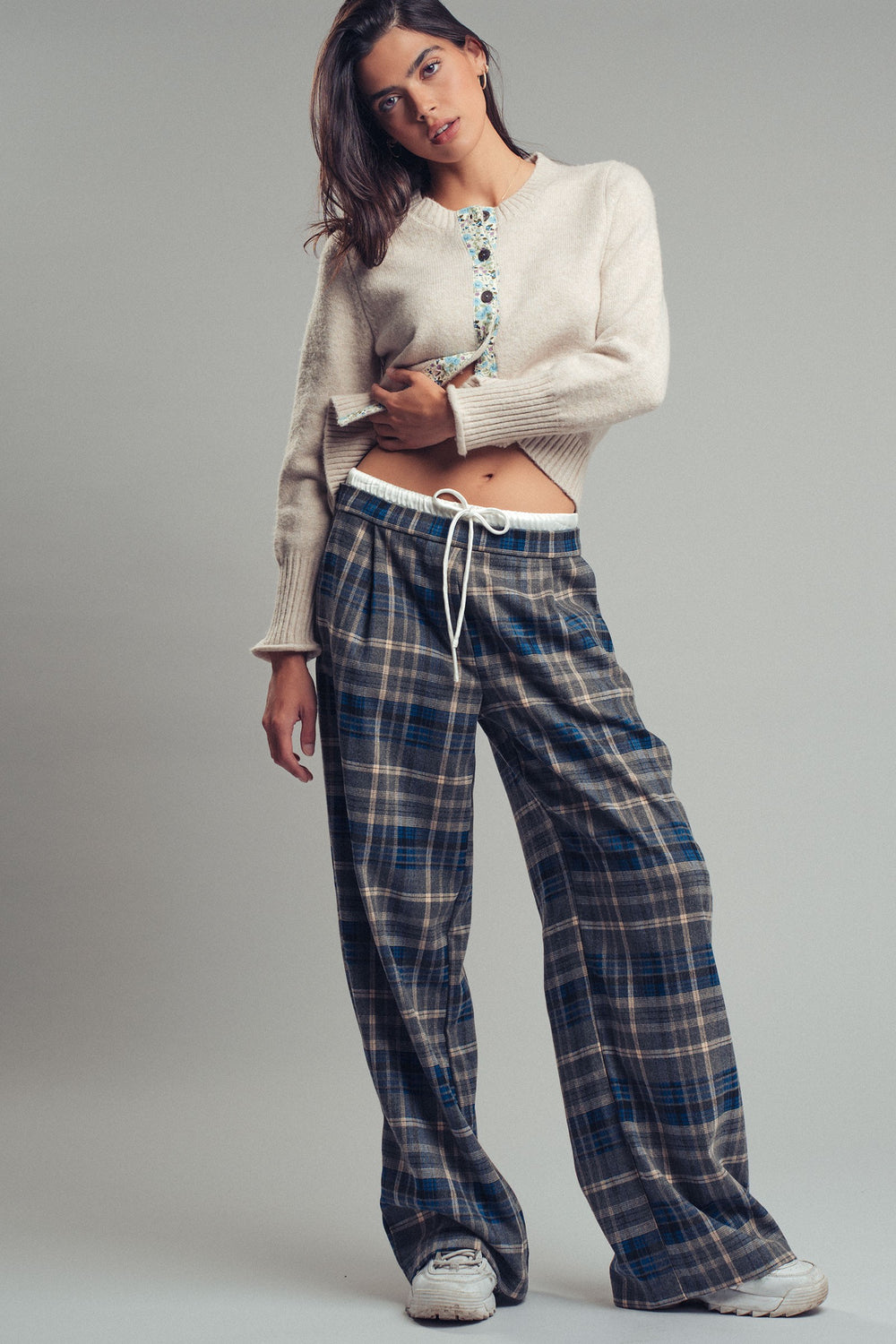 plaid wide leg drawstring pants - navy grey (additional view)