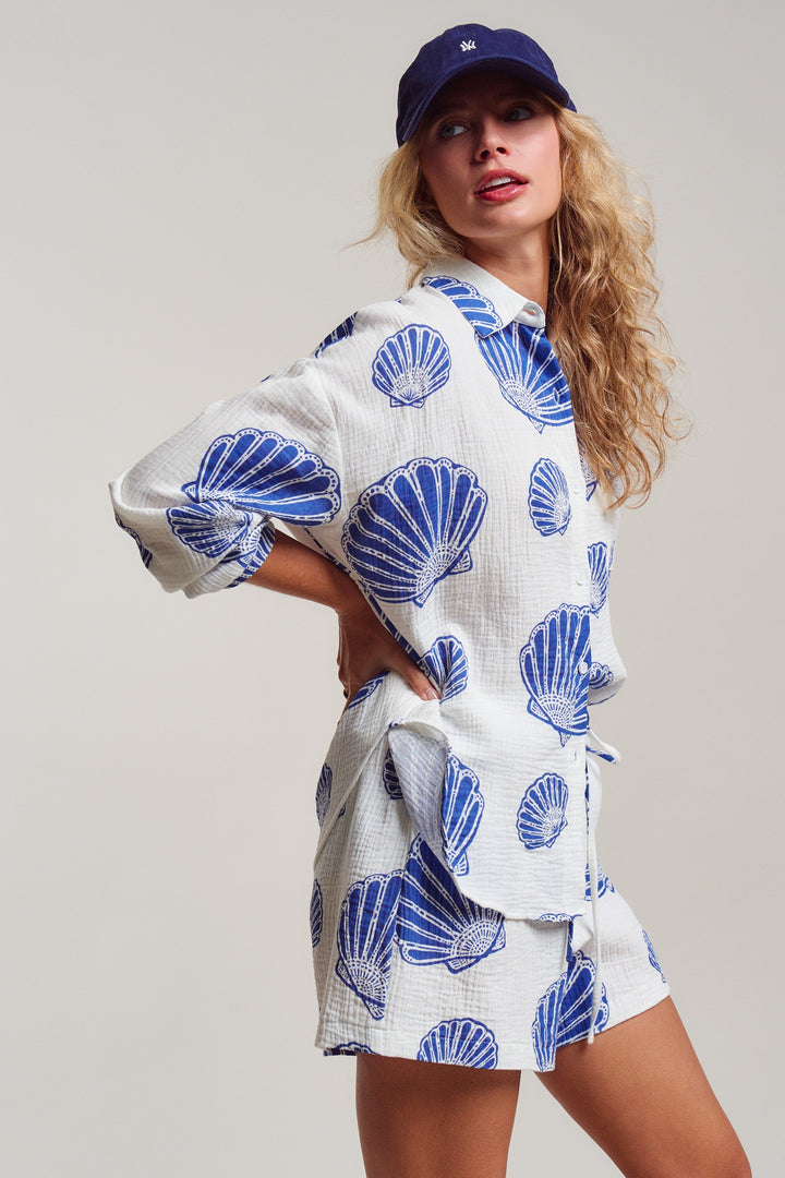 boho shell print summer shirt and shorts set - white blue