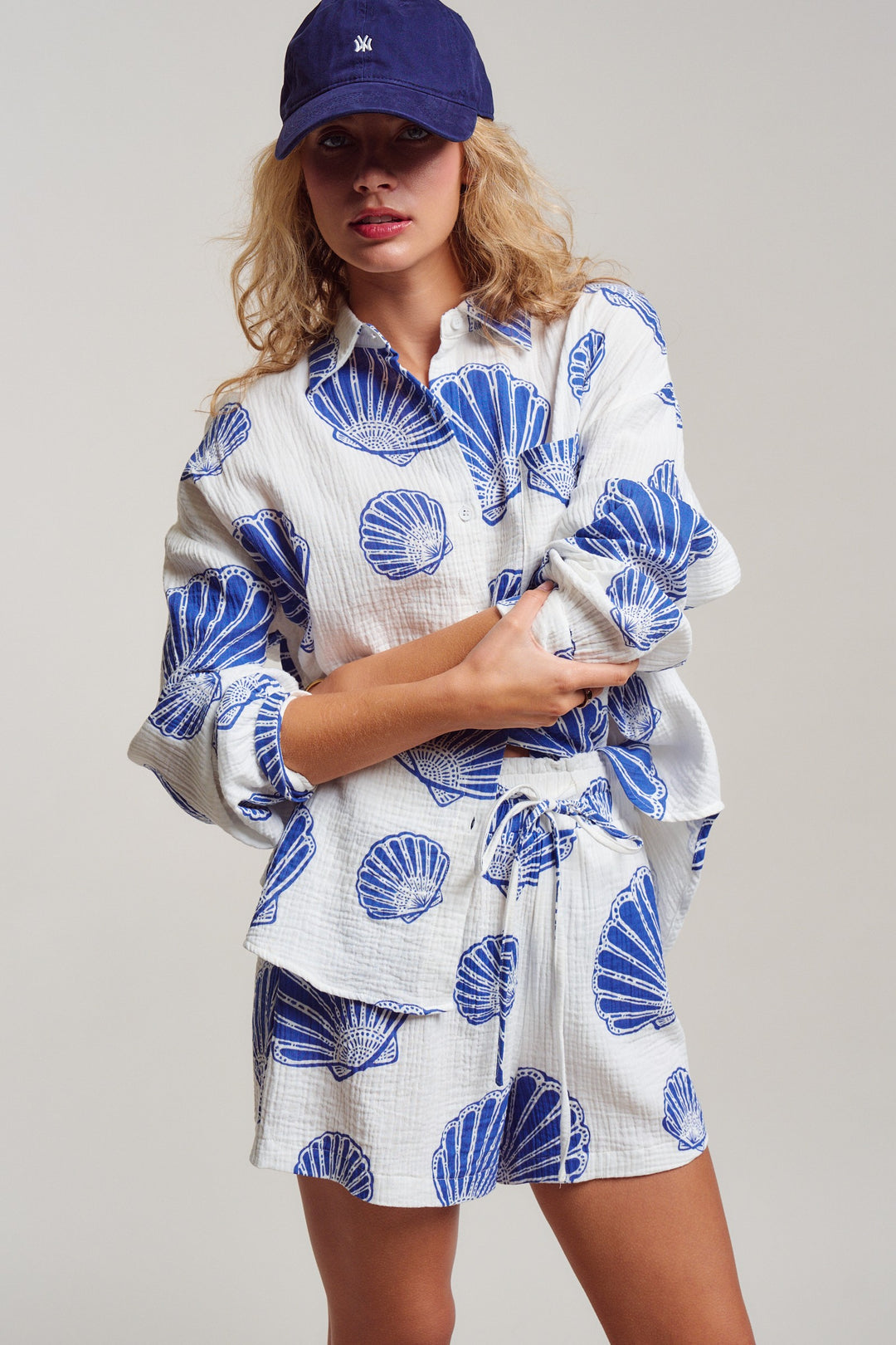 boho shell print summer shirt and shorts set - white blue (additional view)