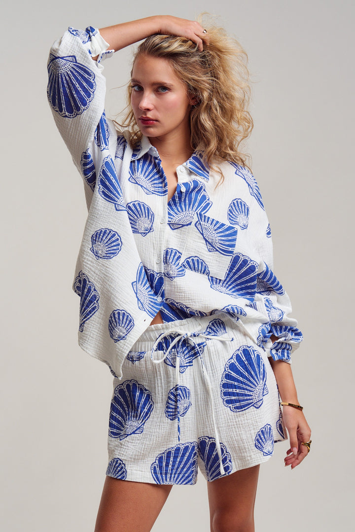 boho shell print summer shirt and shorts set - white blue (additional view)
