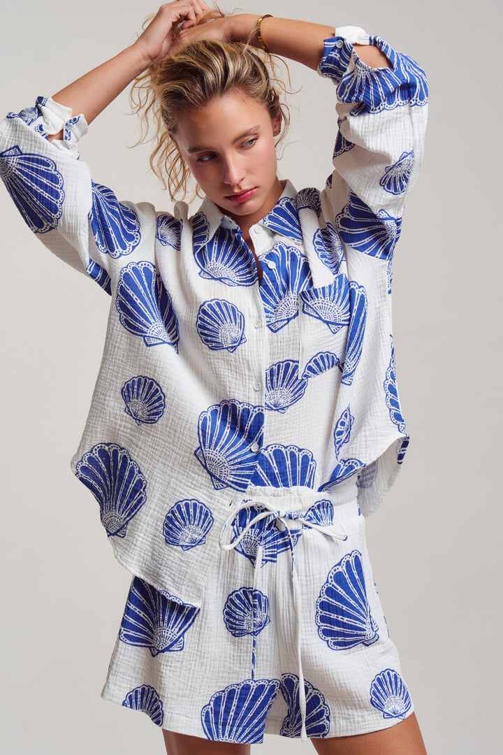 boho shell print summer shirt and shorts set - white blue (additional view)
