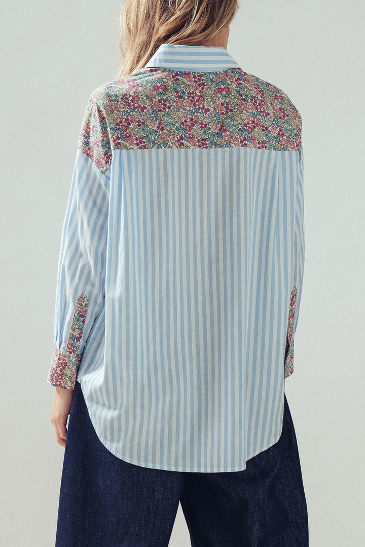 striped floral contrast button up shirt - blue stripe (additional view)