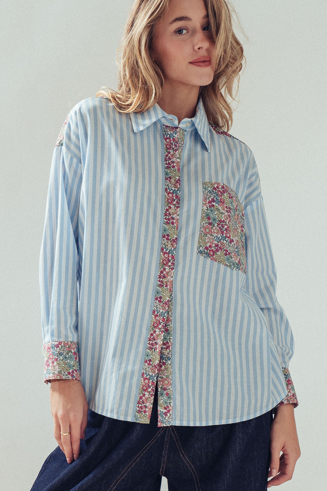 spring garden classic button up shirt - blue stripe