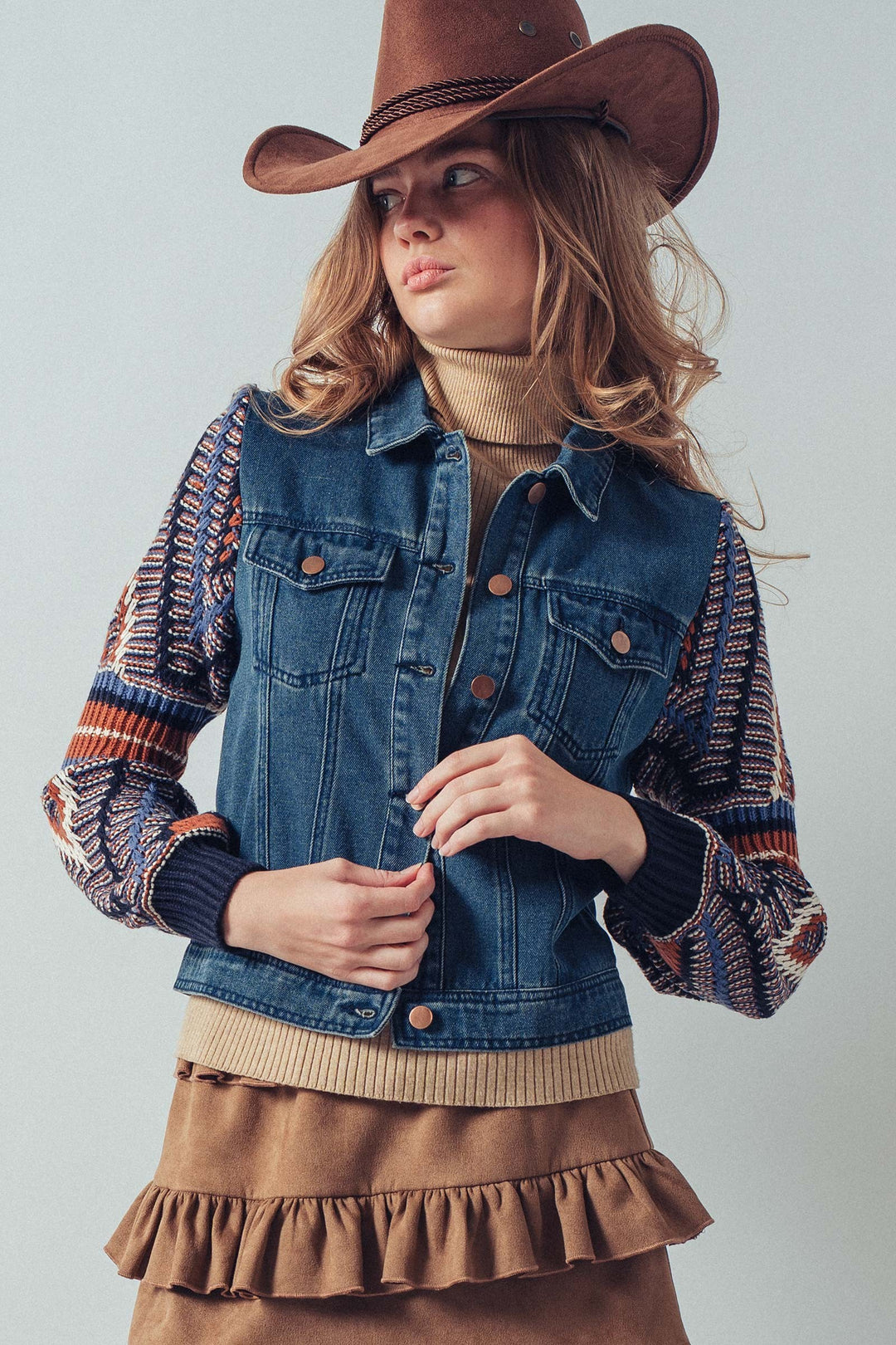 denim jacket with textured patterned sleeves - denim
