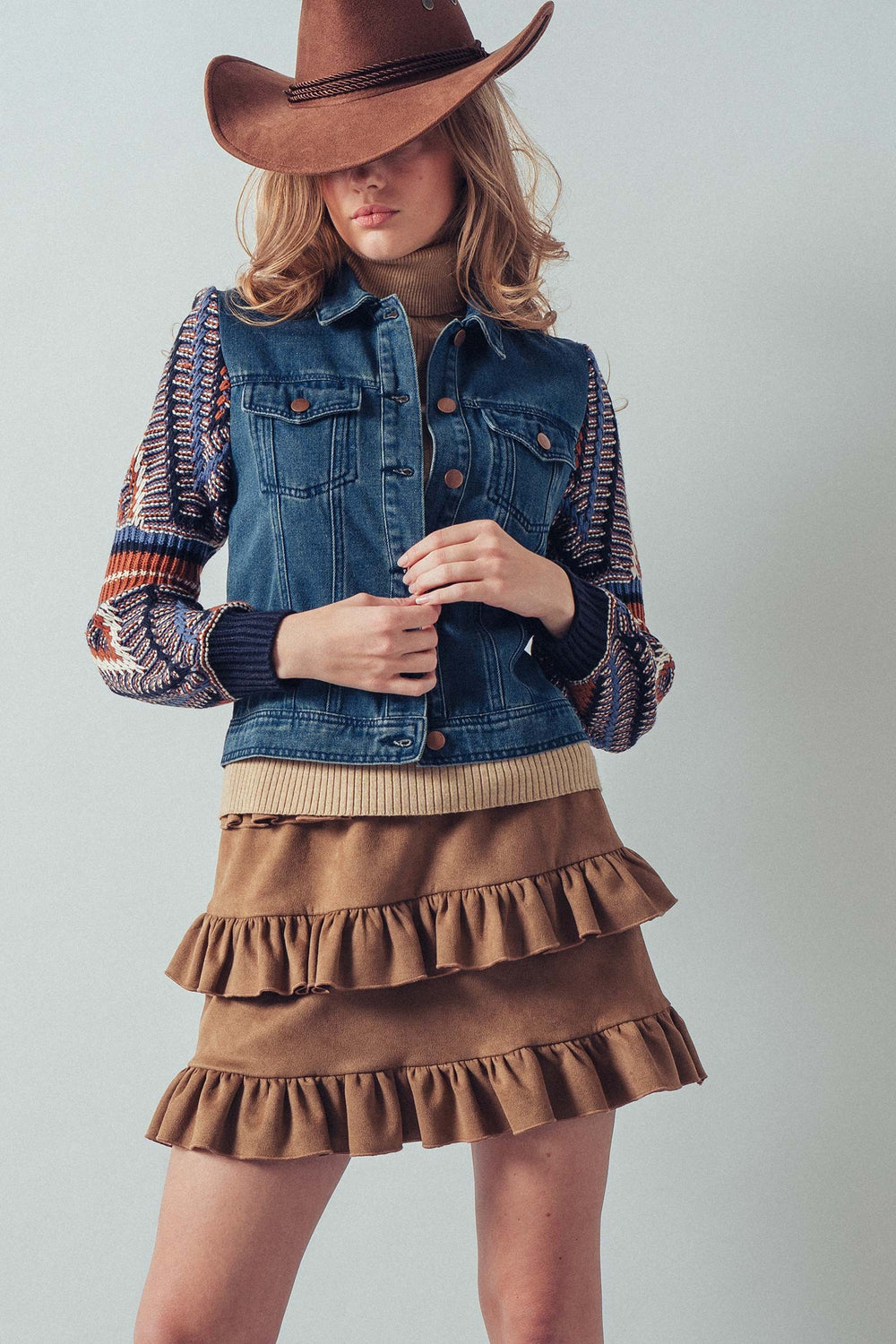 denim jacket with textured patterned sleeves - denim (additional view)