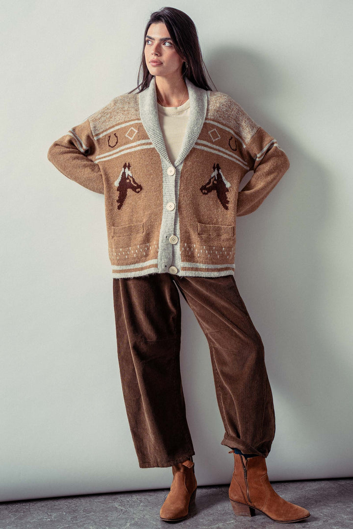 retro knit shawl cardigan with horse pattern - brown (additional view)