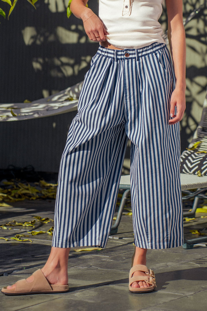 striped elastic waist wide leg crop pants - blue stripe (additional view)