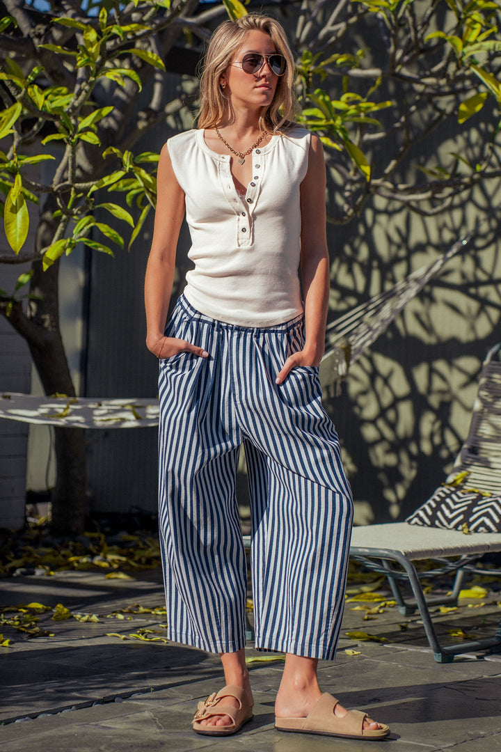 striped elastic waist wide leg crop pants - blue stripe (additional view)