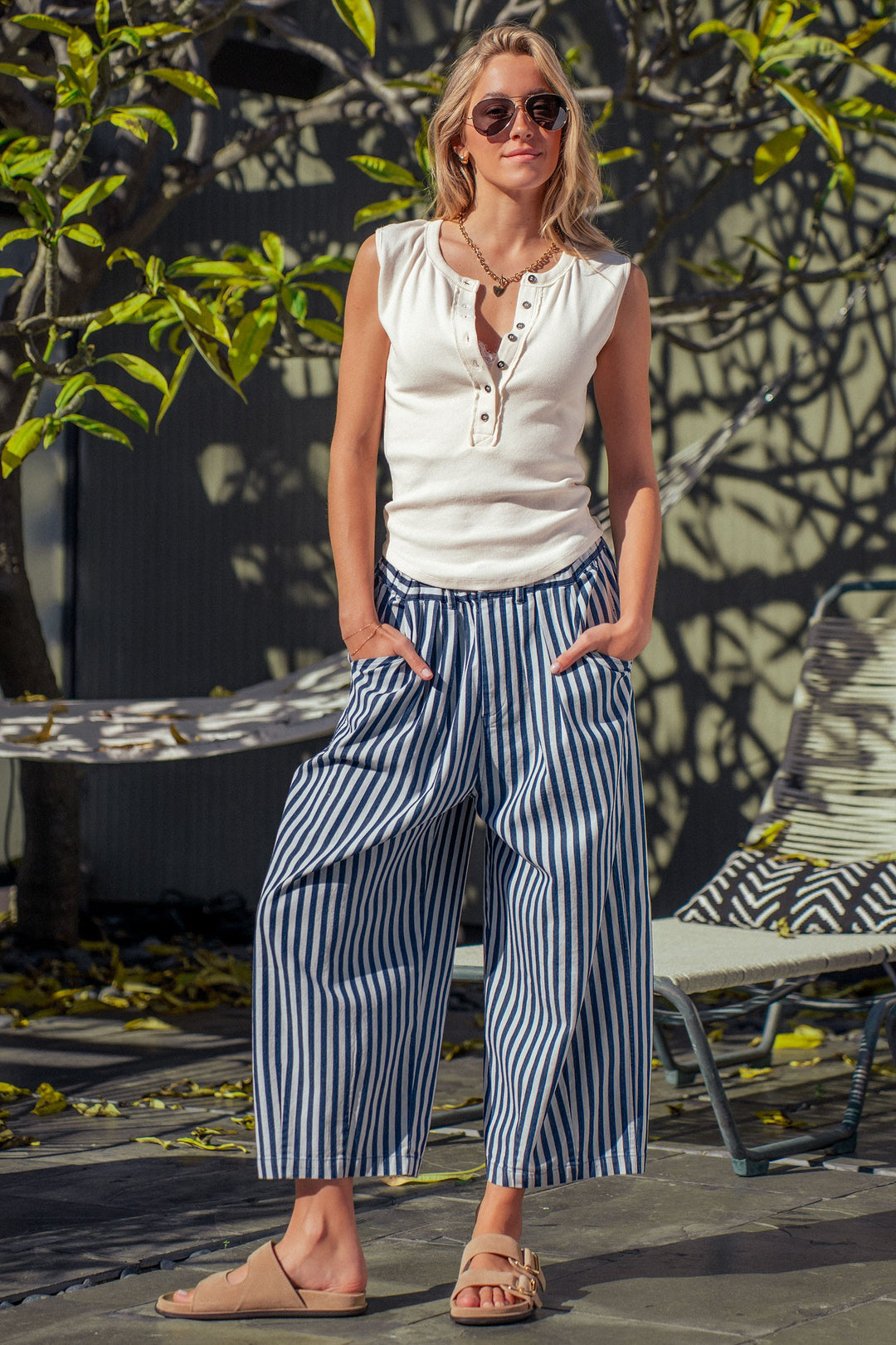 striped elastic waist wide leg crop pants - blue stripe (additional view)