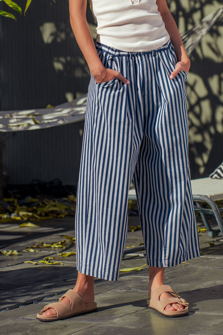 striped elastic waist wide leg crop pants - blue stripe (additional view)