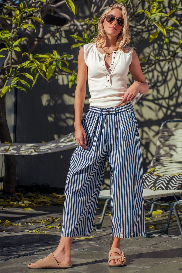 striped elastic waist wide leg crop pants - blue stripe (additional view)