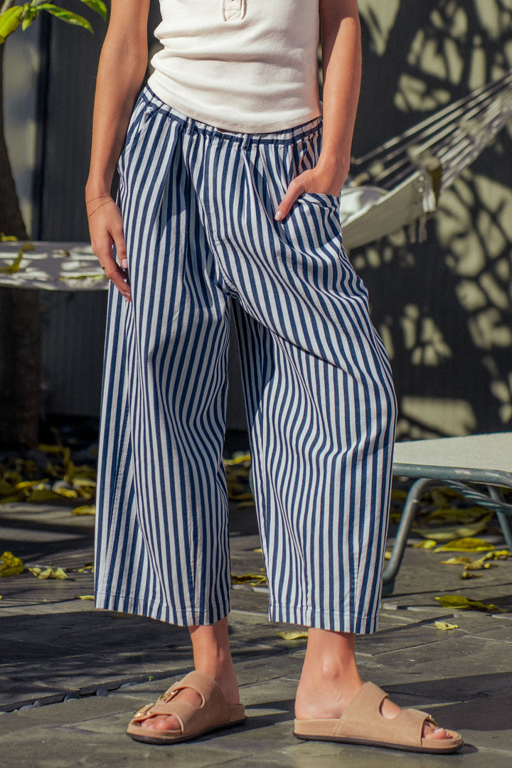 striped elastic waist wide leg crop pants - blue stripe (additional view)