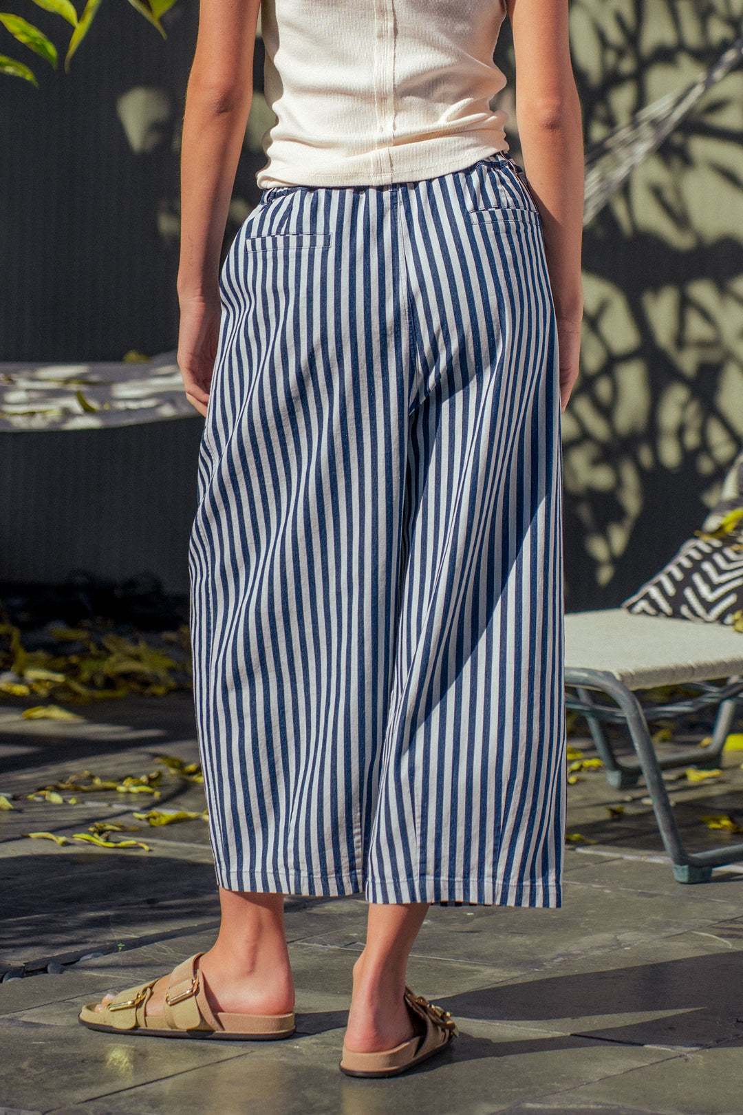 striped elastic waist wide leg crop pants - blue stripe (additional view)
