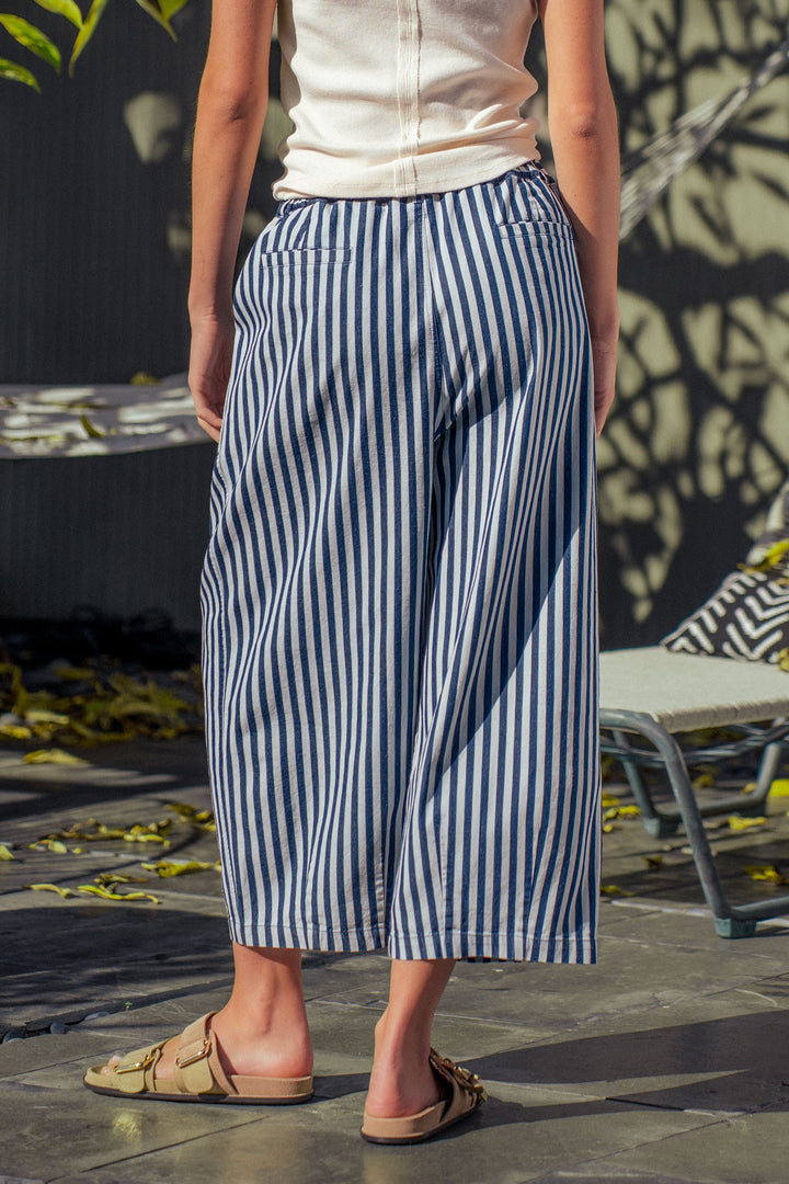 striped elastic waist wide leg crop pants - blue stripe (additional view)