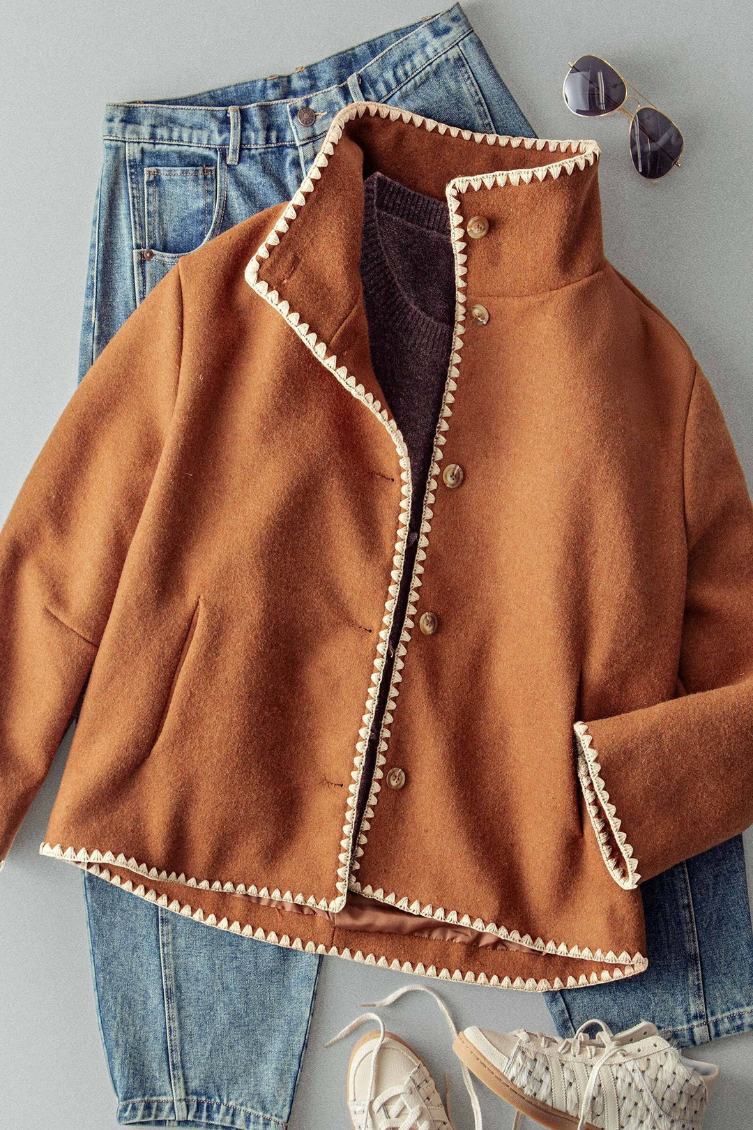 modern stand embroidered trim collar jacket - brown