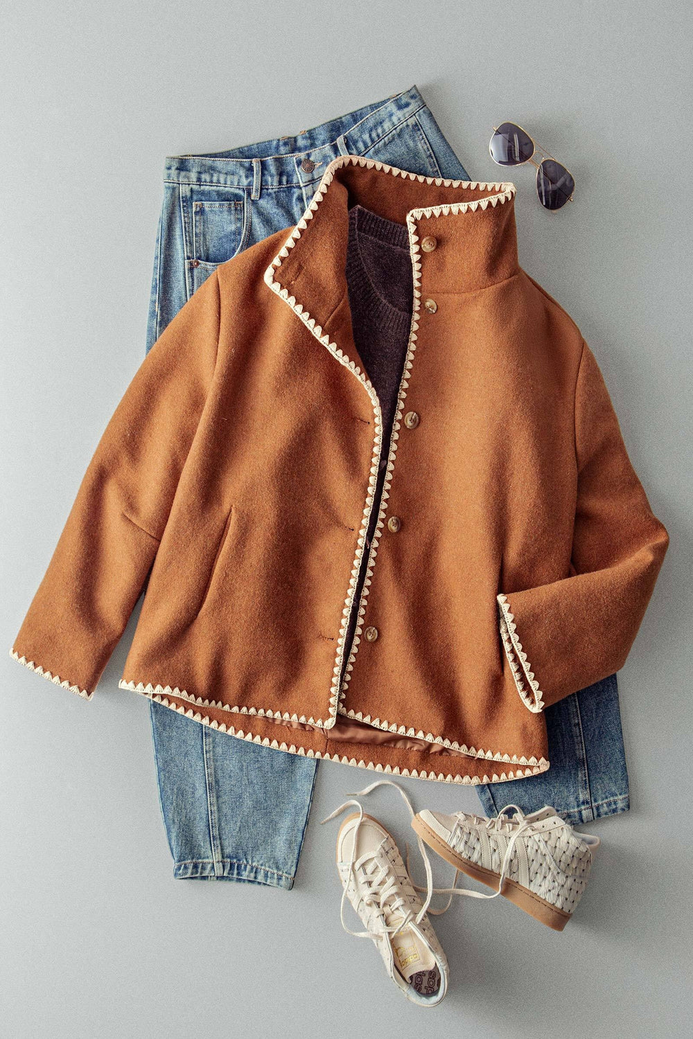 modern stand embroidered trim collar jacket - brown (additional view)