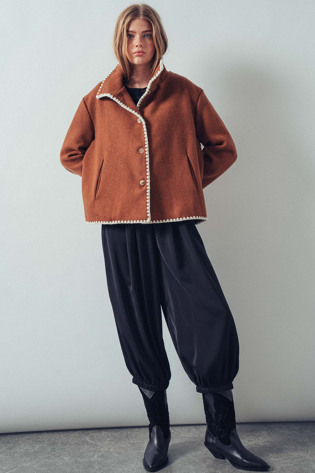 modern stand embroidered trim collar jacket - brown
