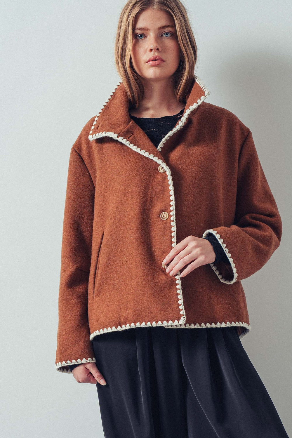 modern stand embroidered trim collar jacket - brown (additional view)