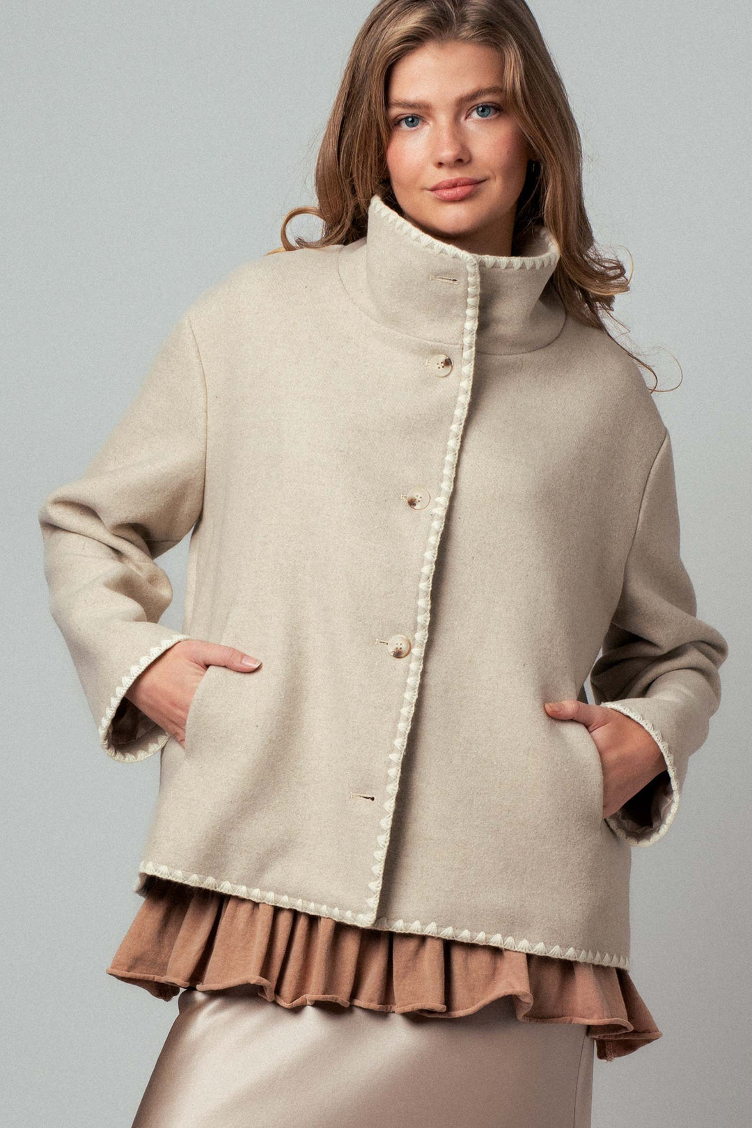 modern stand embroidered trim collar jacket - oatmeal