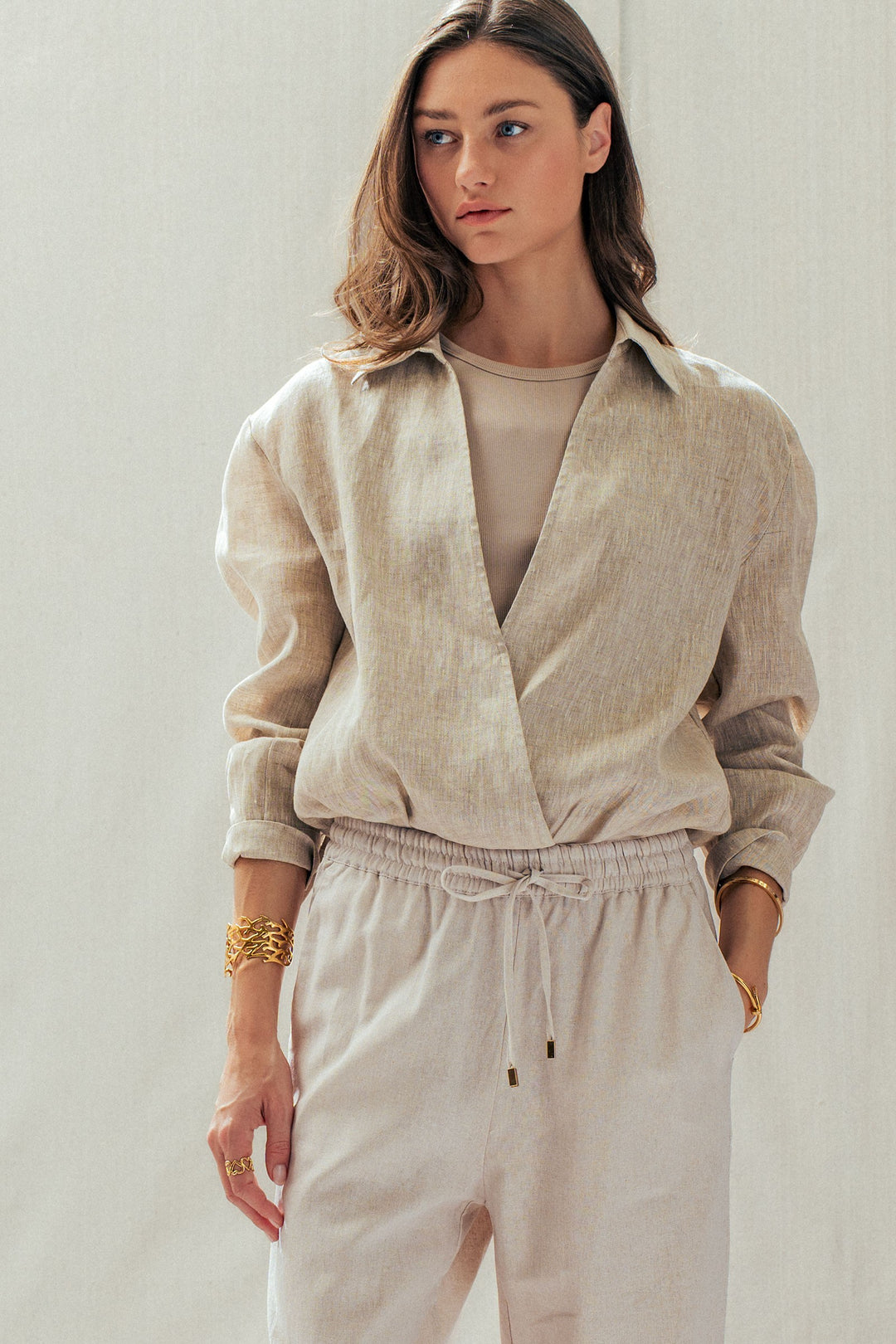 double layer wrap blouse with built in tank - linen