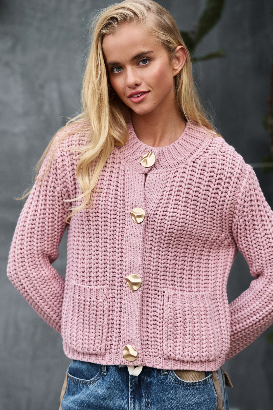 chunky knit cardigan with gold buttons - pink stone