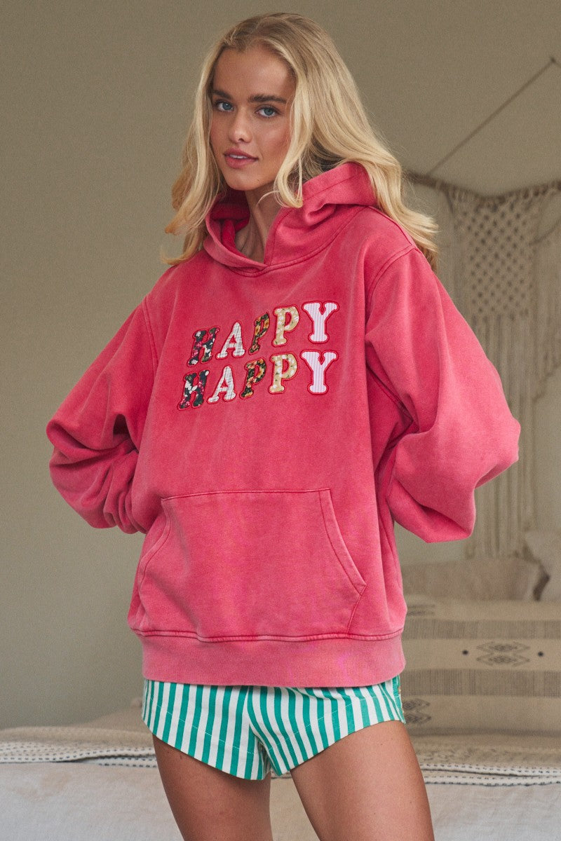 vintage washed hoodie w happy happy patch detail - red