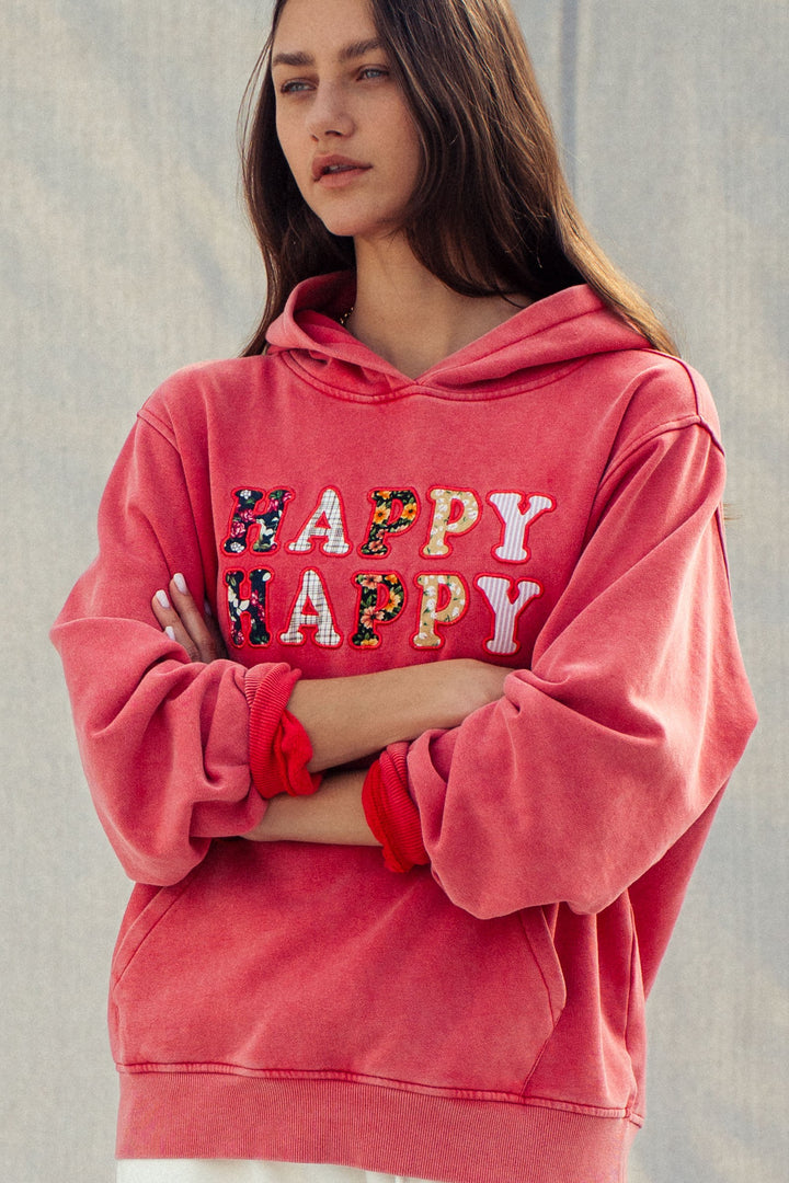 vintage washed stay happy hoodie - red (additional view)