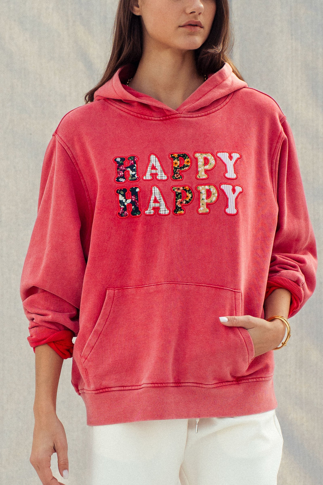 vintage washed stay happy hoodie - red (additional view)