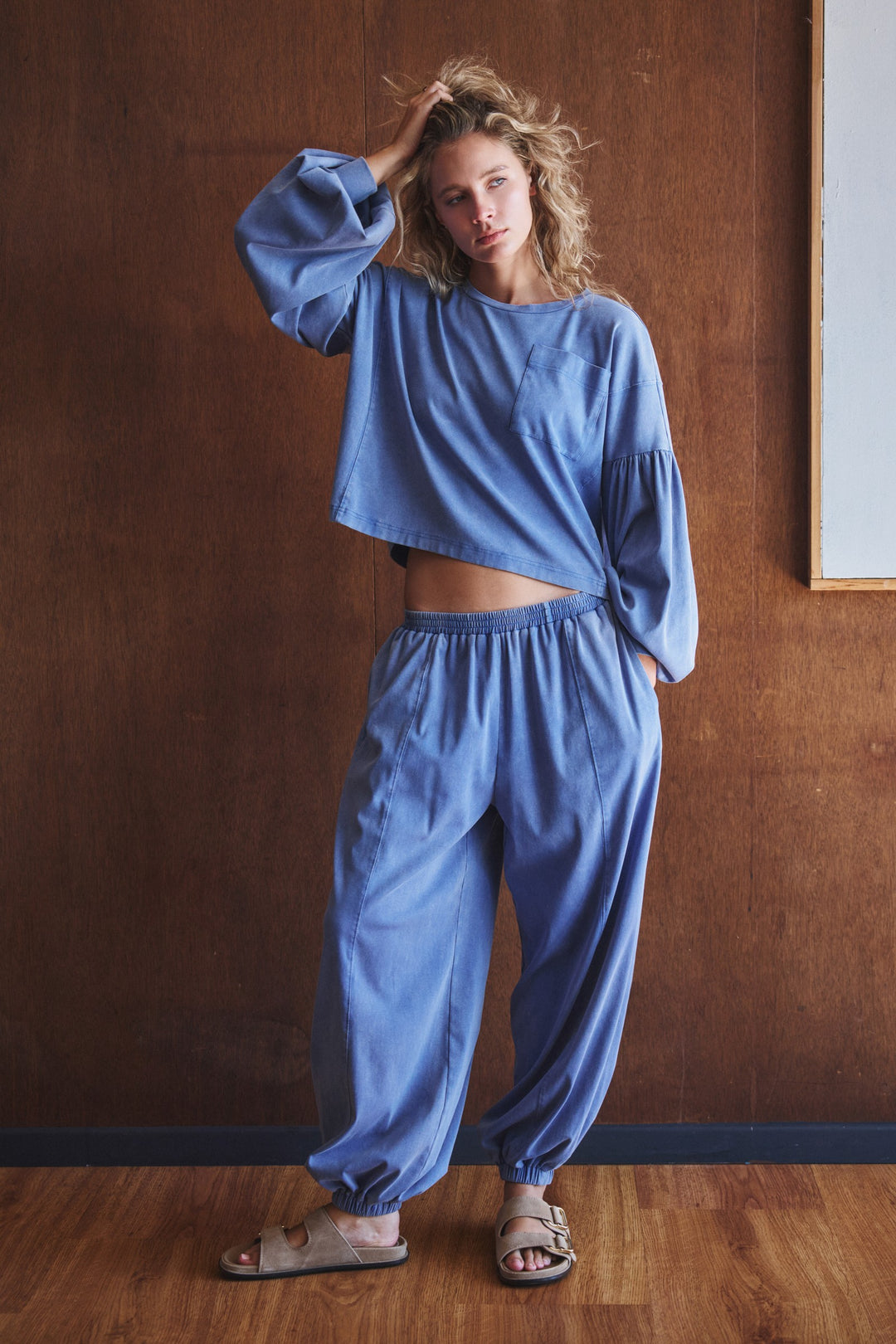 washed balloon sleeve sweat set - blue