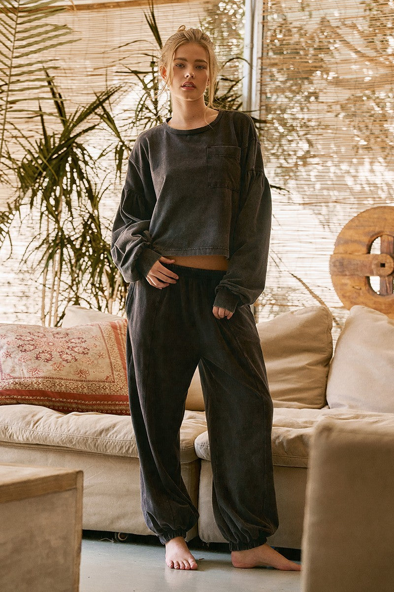 washed balloon sleeve sweat set - black