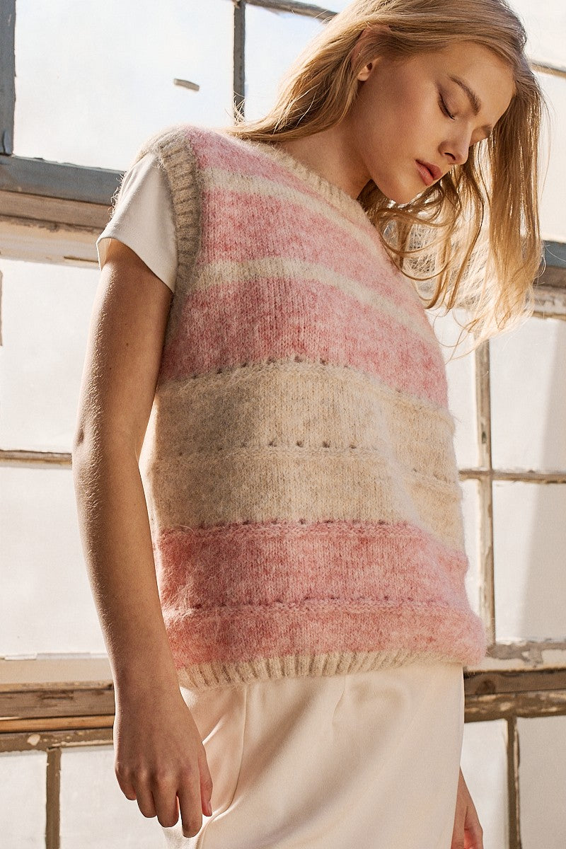 striped sweater vest with cozy knit design - pink
