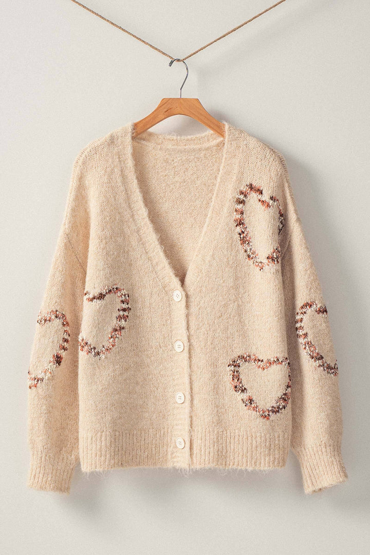 Wool Blend V Neck Cardigan with Heart Pattern