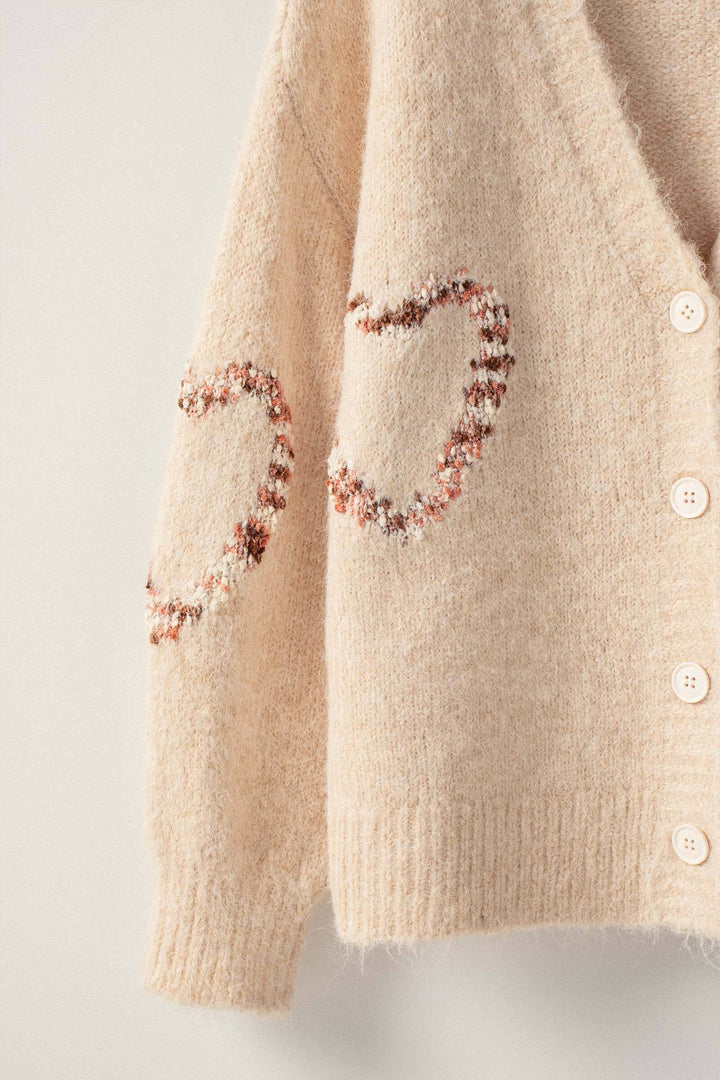 Wool Blend V Neck Cardigan with Heart Pattern