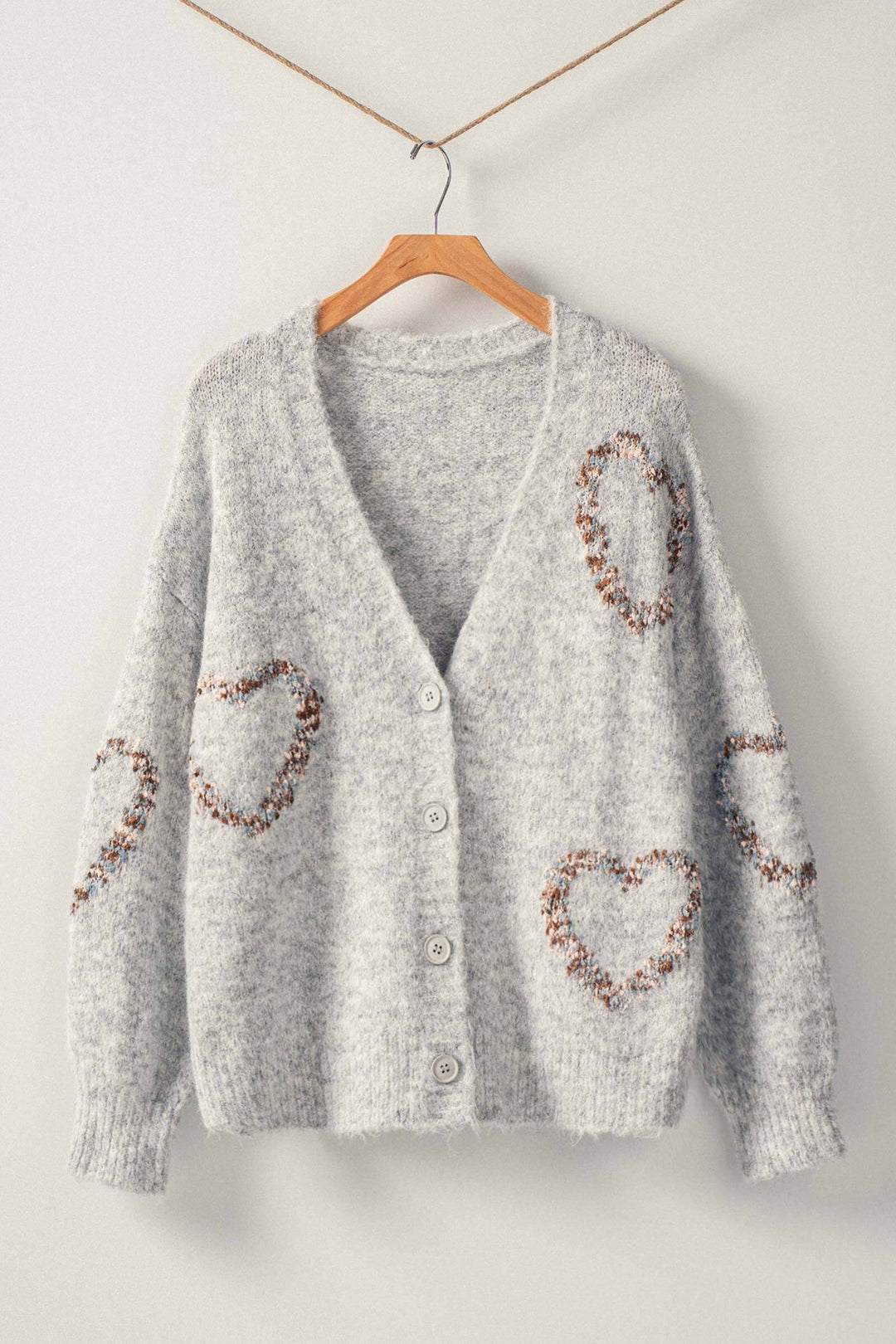 Wool Blend V Neck Cardigan with Heart Pattern