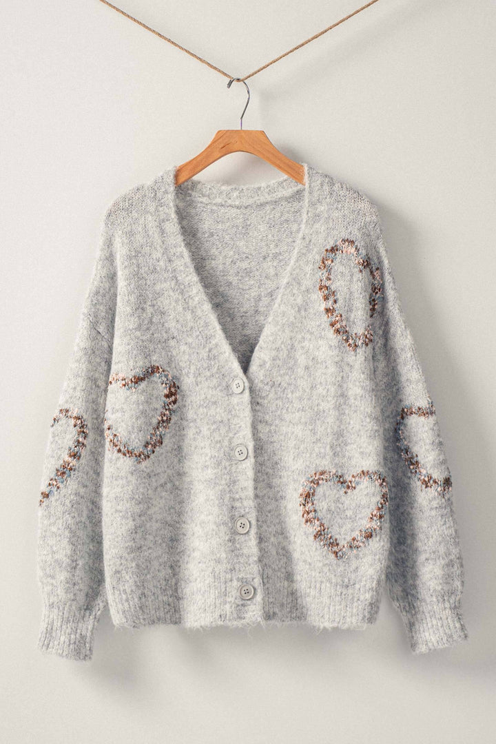 Wool Blend V Neck Cardigan with Heart Pattern