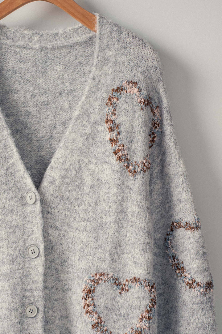 Wool Blend V Neck Cardigan with Heart Pattern