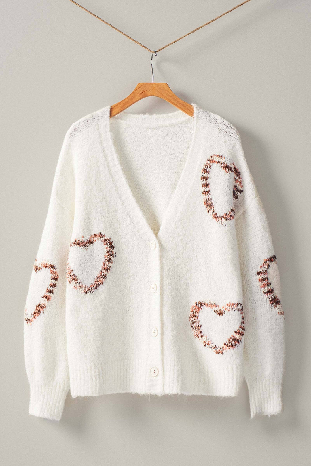 Wool Blend V Neck Cardigan with Heart Pattern