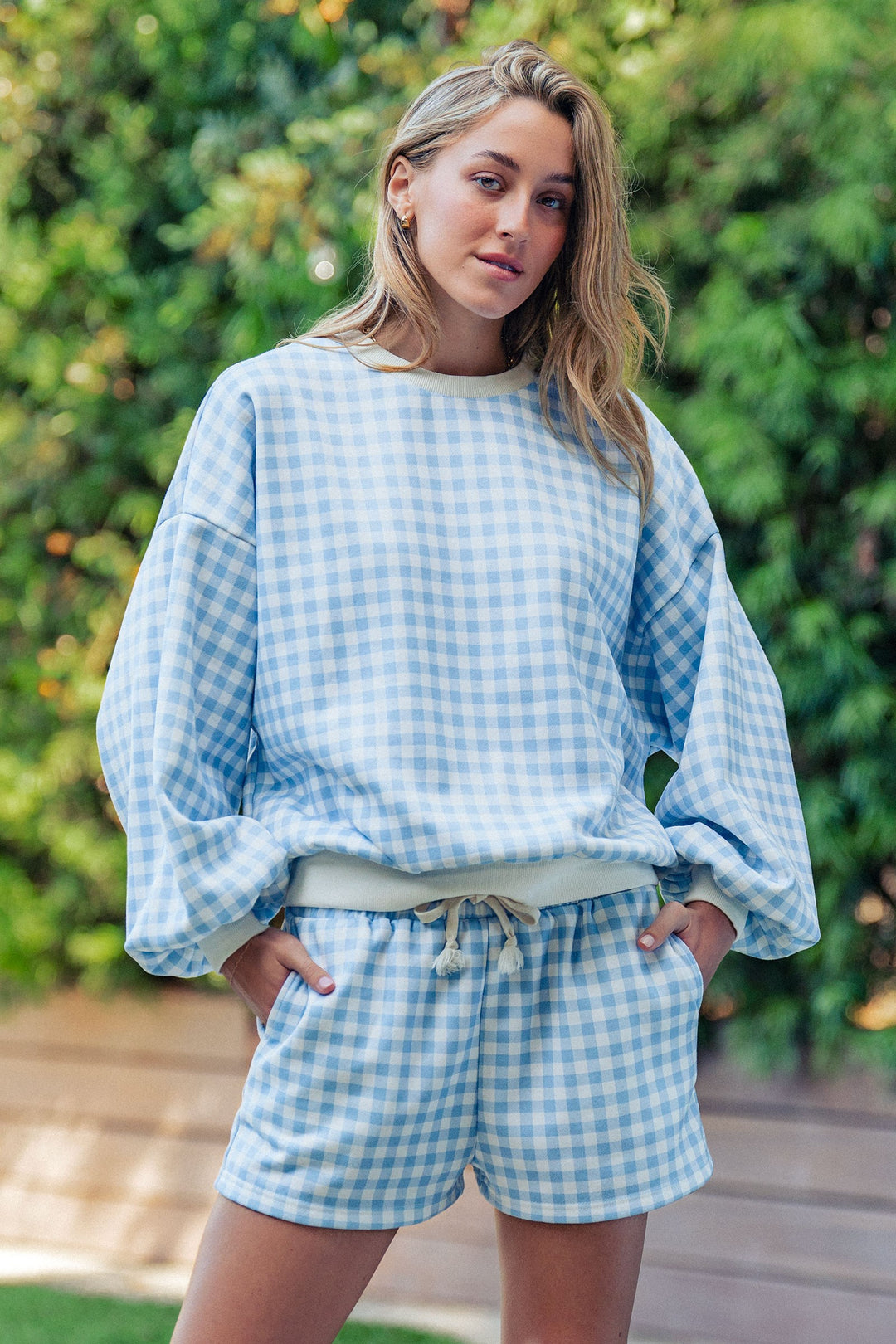 gingham cozy lounge set - blue