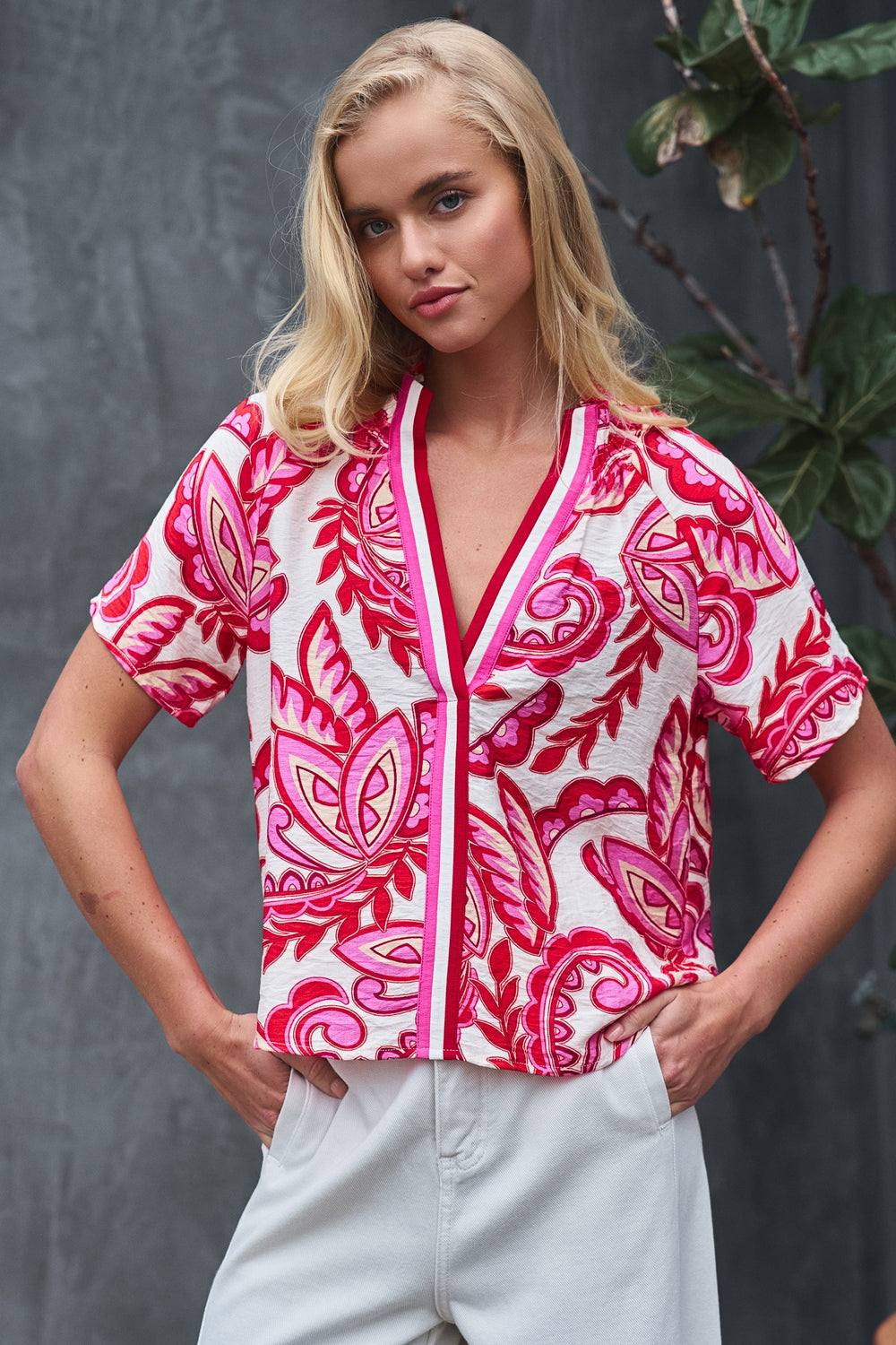 paisley print smocked blouse - red pink (additional view)