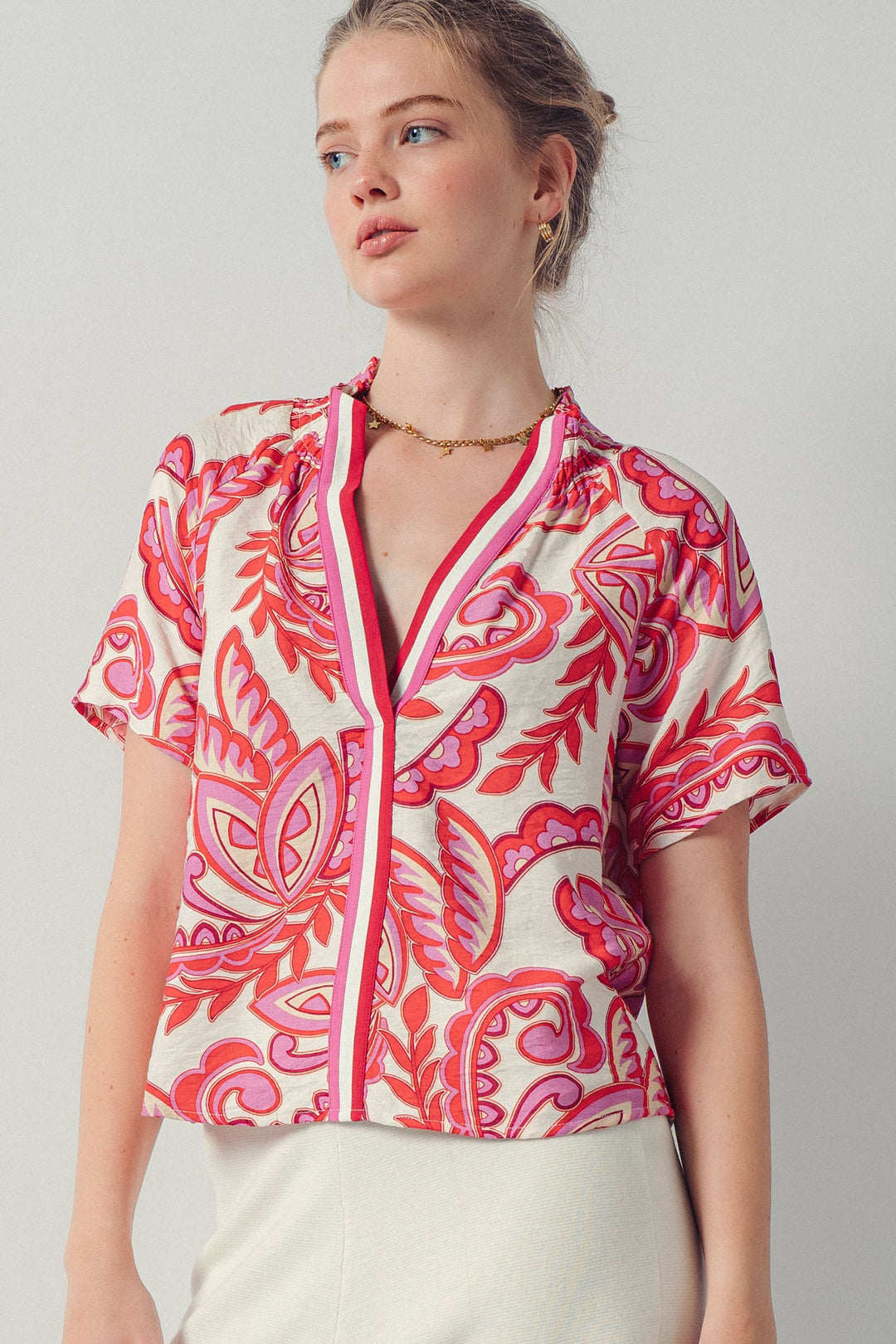 paisley print smocked blouse - red pink (additional view)
